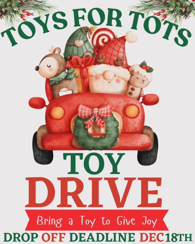 🎄We are honored to be a drop off location for Toys for Tots this holiday season.🎄

🎁Toys for Tots, organized by the U.S. Marine Corp Reserve, collects and distributes new toys to children in need during the holidays

🎁If you are able and willing to donate, all toys should be new and unwrapped.